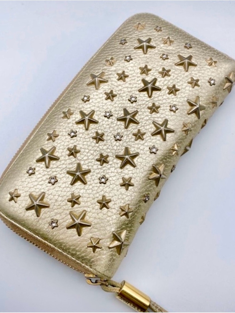 JIMMY CHOO Metallic Gold Star-Studded Crystal Zip-Around Wallet